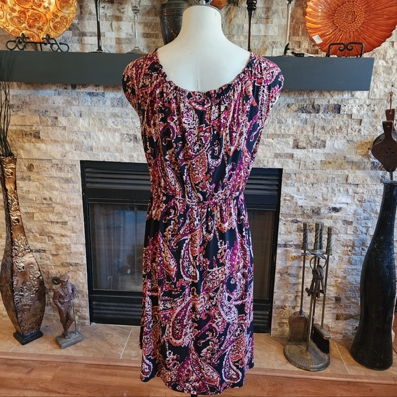 Liz Claiborne Paisley Print Orange, Black, Beige and Purple Dress Size 12 - Picture 3 of 5